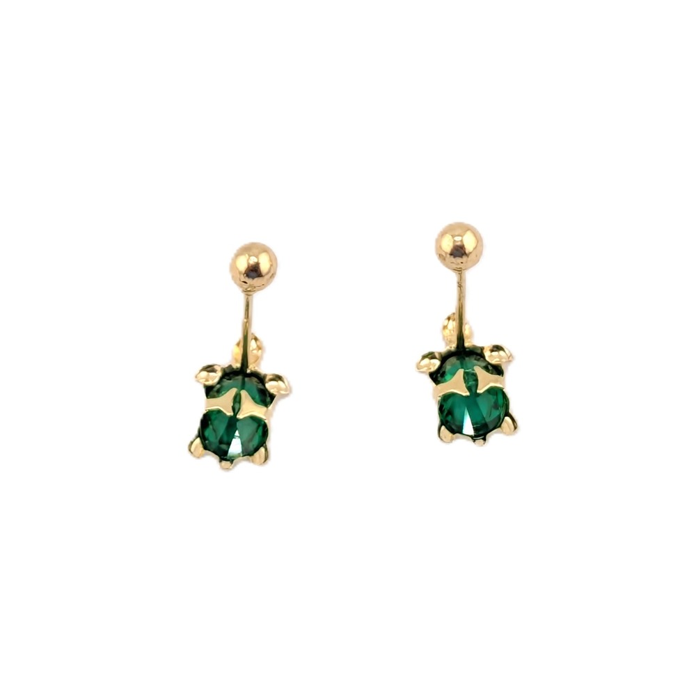 14K Yellow Gold Turtle Stud Earrings Green Cubic Zirconia Jewelry - Picture 8 of 8